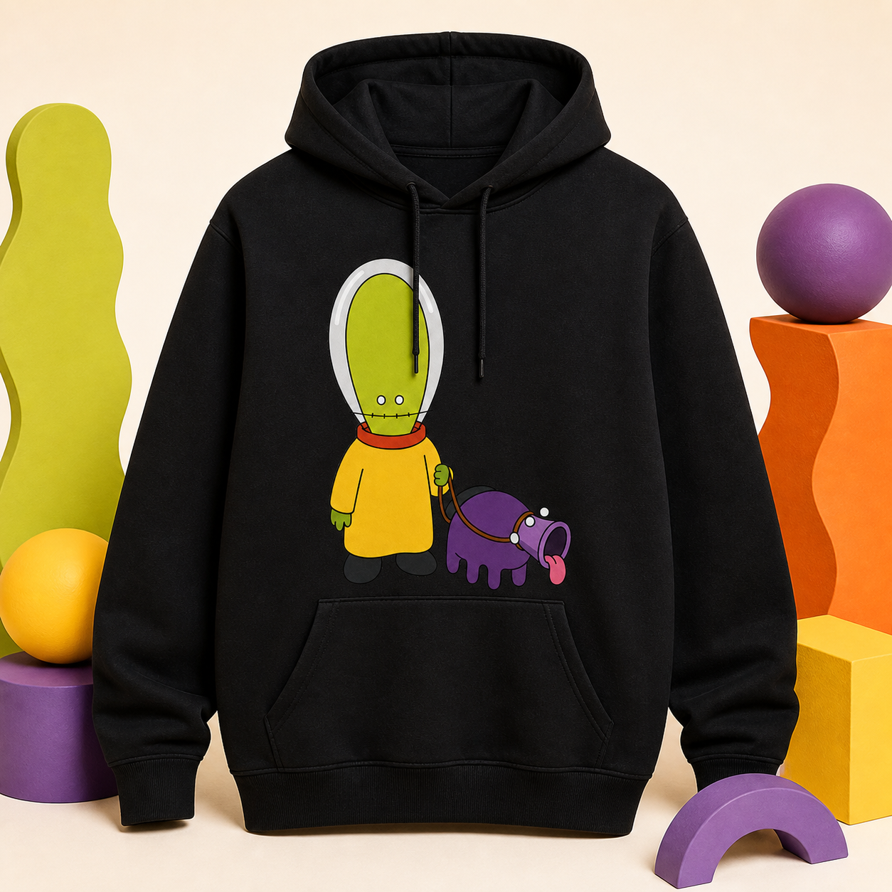 Black Aliens.fit hoodie mockup with alien and dog artwork