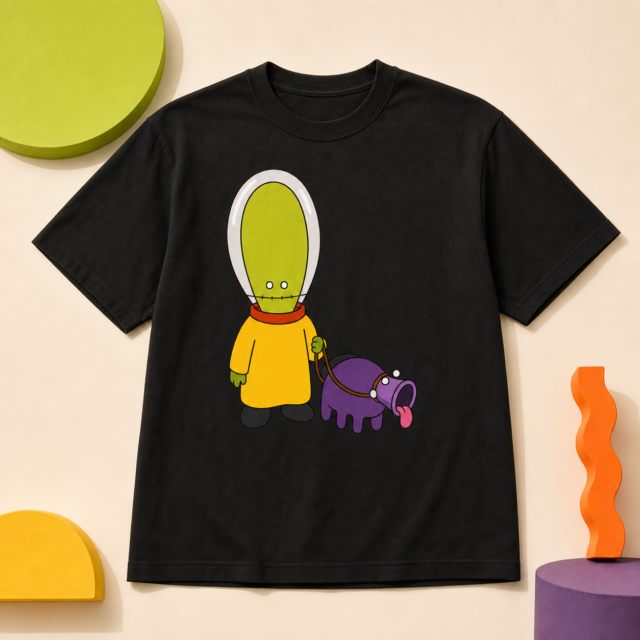 Black Aliens.fit t-shirt mockup with alien and dog artwork